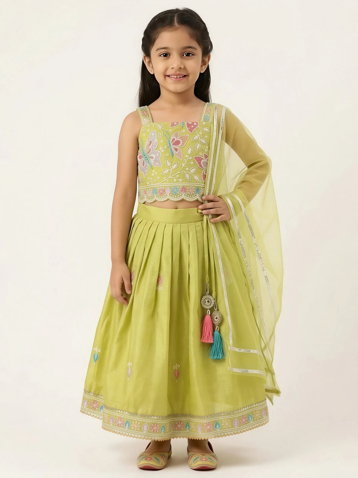 Green butterfly embroidered lehenga choli set for girls with dupatta.