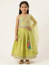 Green butterfly embroidered lehenga choli set for girls with dupatta.