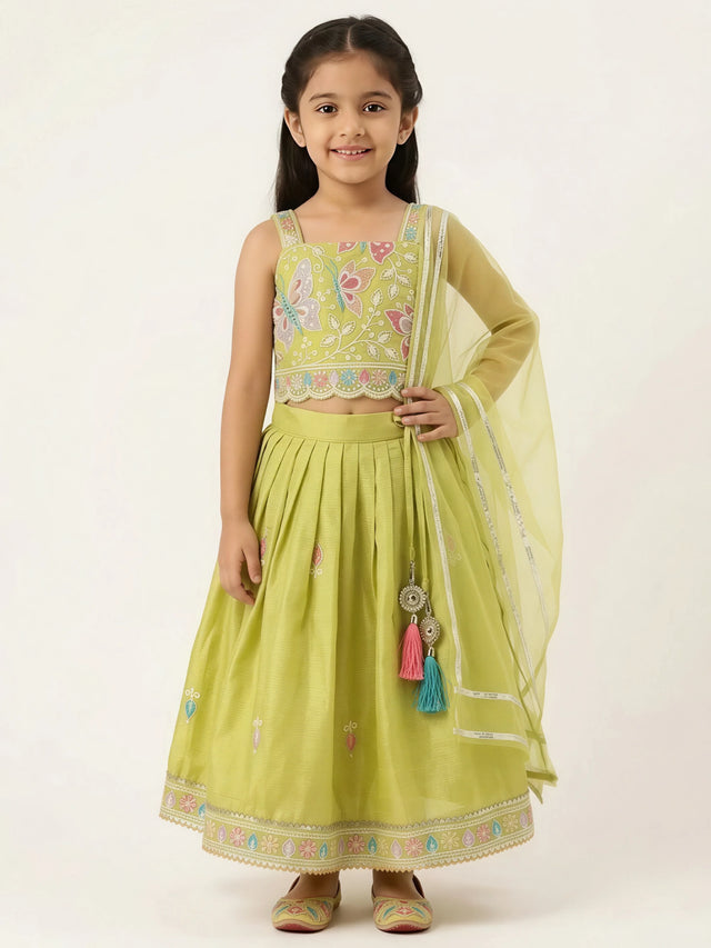 Green butterfly embroidered lehenga choli set for girls with dupatta.