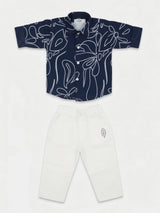 Boys Navy Blue Abstract Print Shirt and Trousers Set