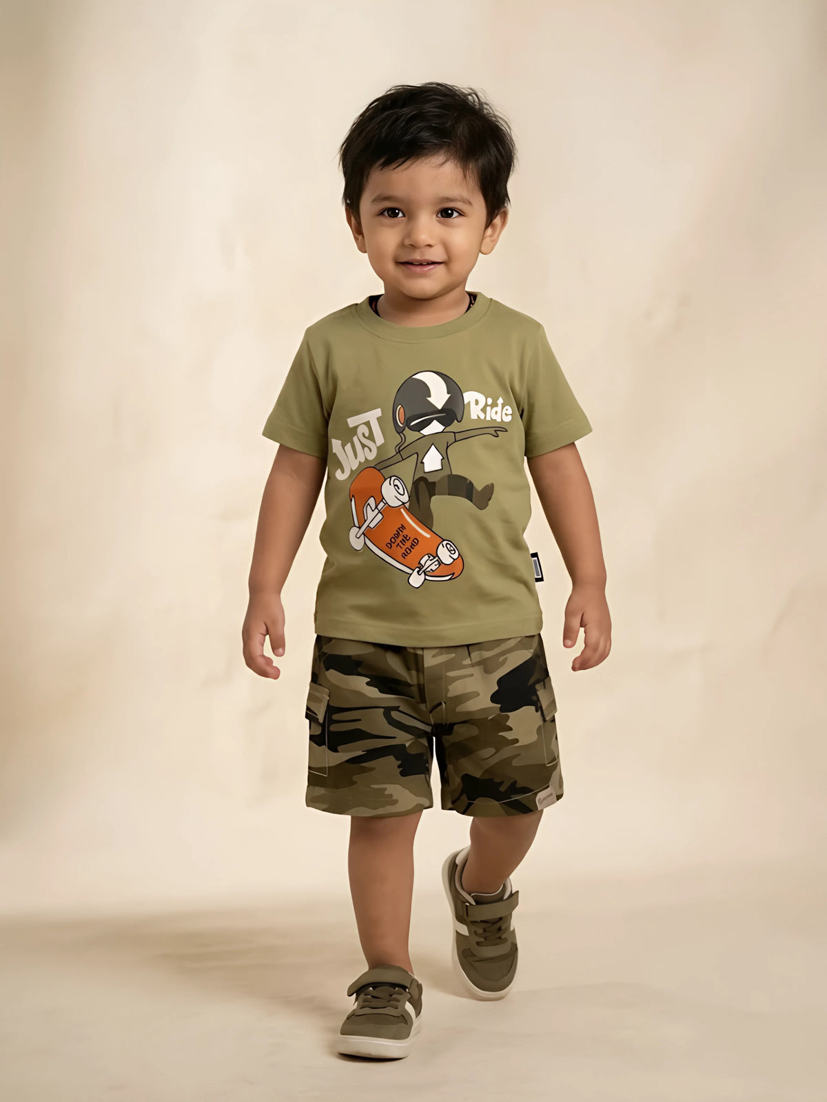 Olive green graphic printed t-shirt and camouflage shorts boys coordinate set.