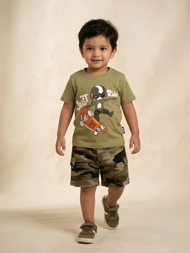 Olive green graphic printed t-shirt and camouflage shorts boys coordinate set.