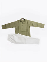 Green Solid Cotton Linen Kurta Pajama Set for Boys