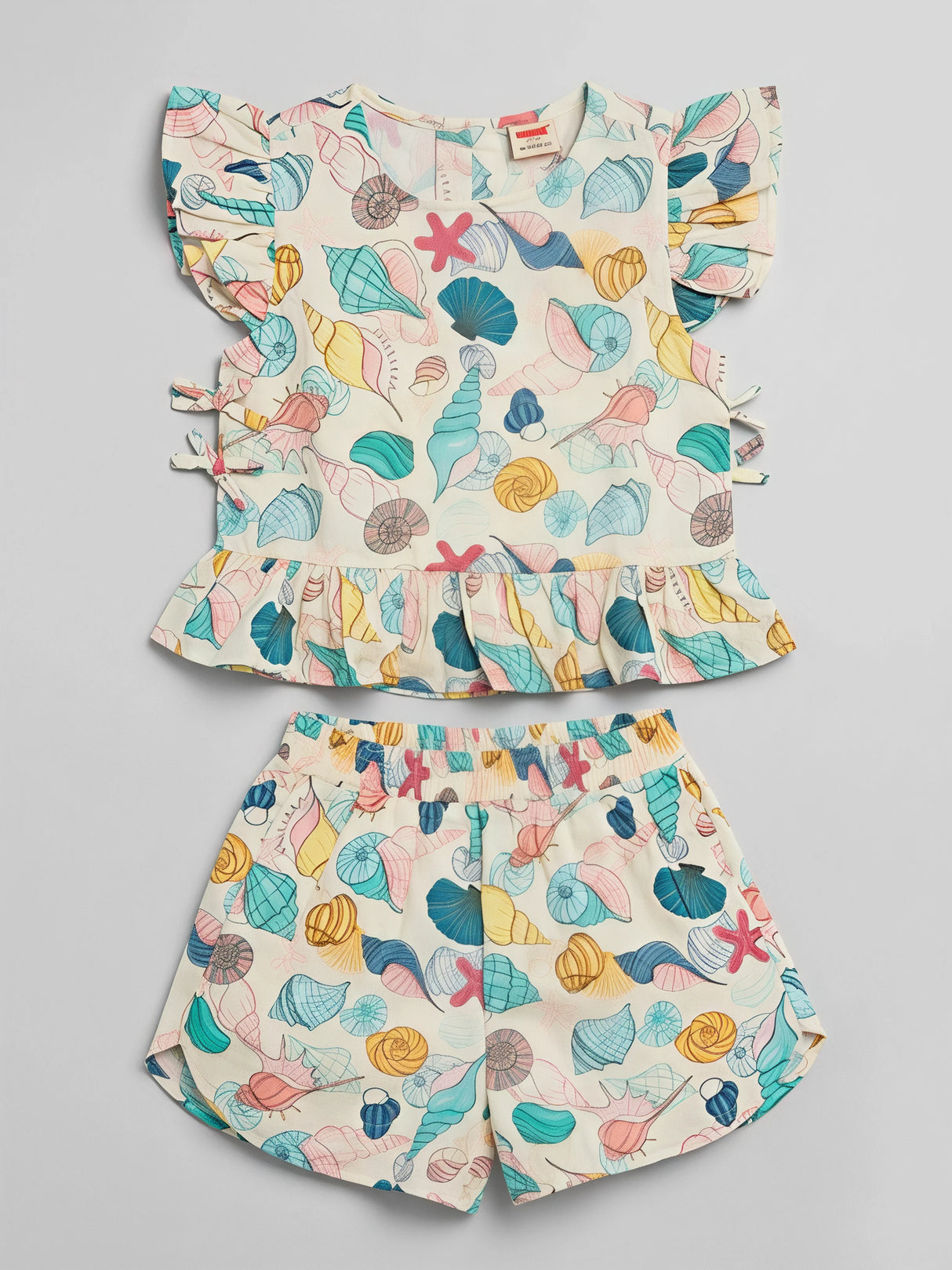 Girls Mint Green Sea Shell Printed Shorts Set.