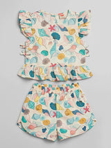 Girls Mint Green Sea Shell Printed Shorts Set.