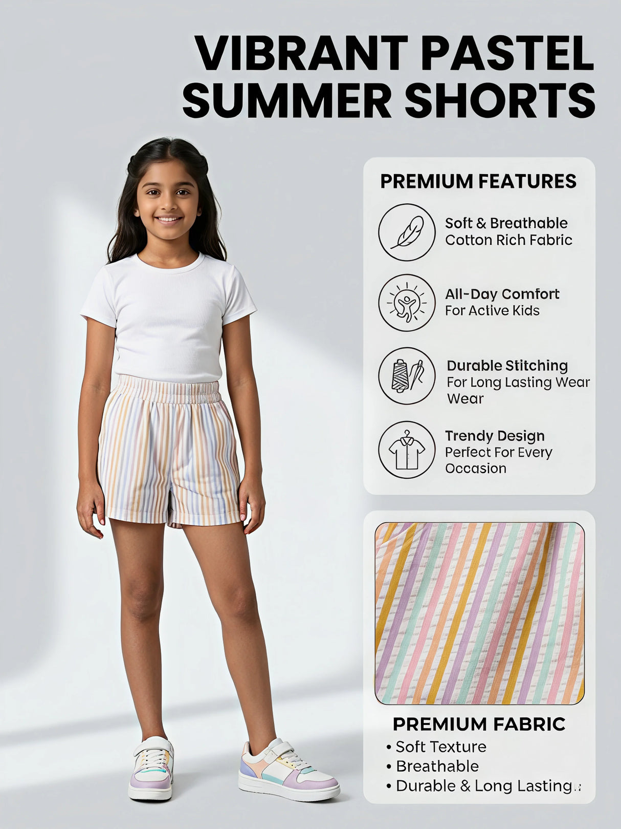 Girls Peach Striped Casual Cotton Shorts