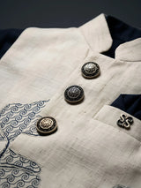 Boys Navy Blue Ethnic Shirts Set with Printed Nehru Jacket