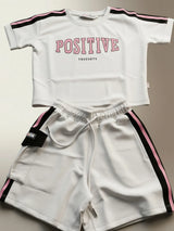 Girls White Sporty Shorts Set - "Positive" Graphic Tee & Shorts