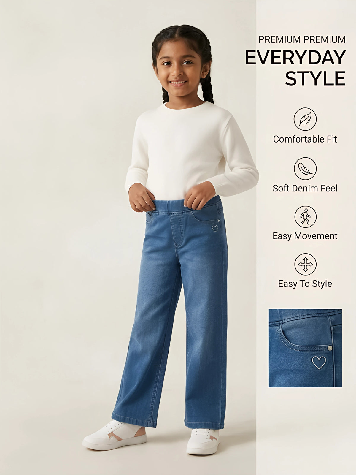 Girls Navy Blue Straight Fit Casual Pants.