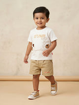 White printed bear boys coordinate set featuring a t-shirt and shorts.