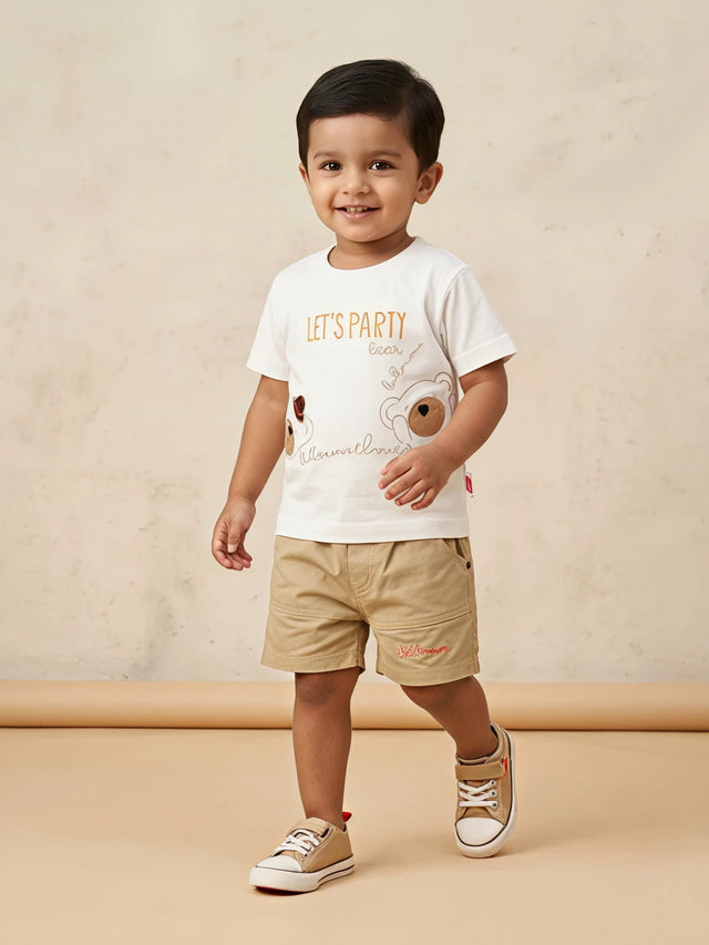 White printed bear boys coordinate set featuring a t-shirt and shorts.