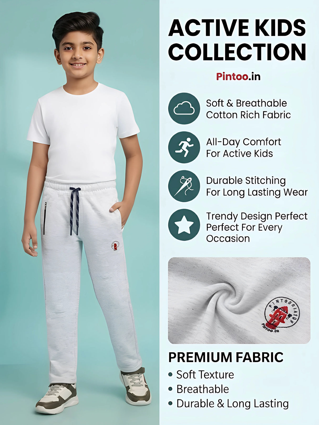 Boys Light Grey Casual Trackpants with Drawstring Elastic Waist
