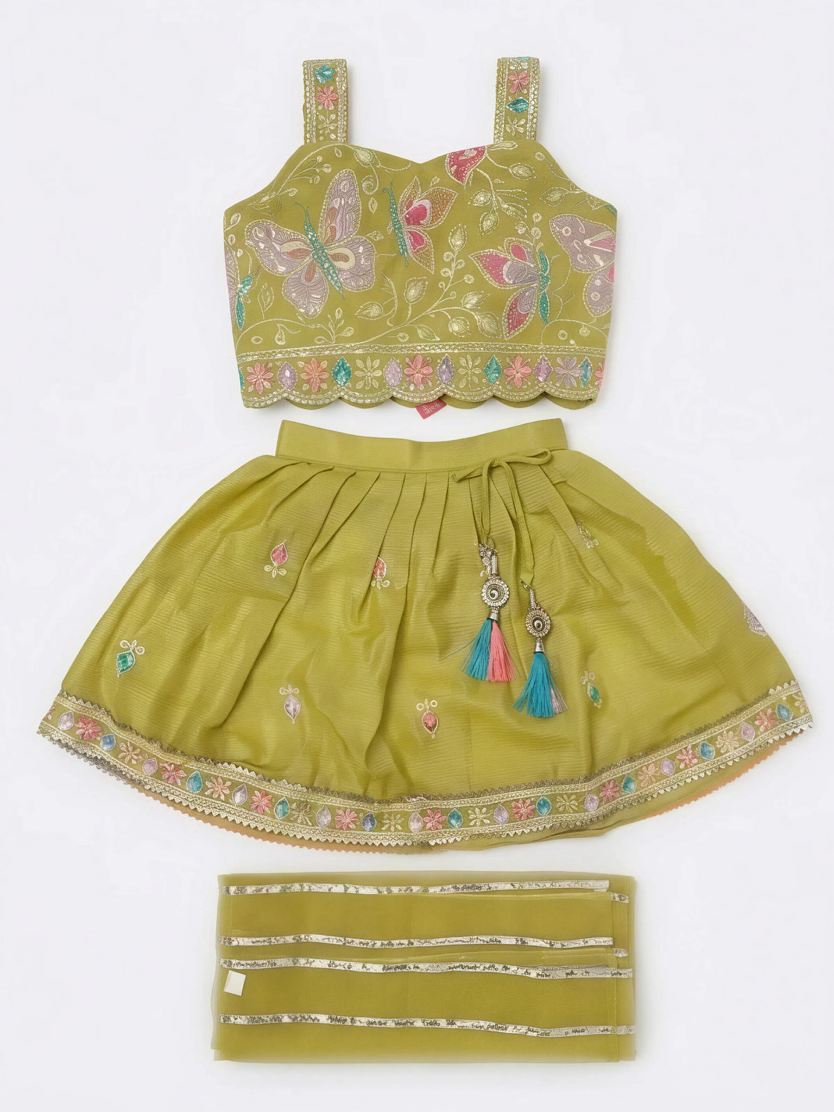 Green Butterfly Embroidered Lehenga Choli Set for Girls