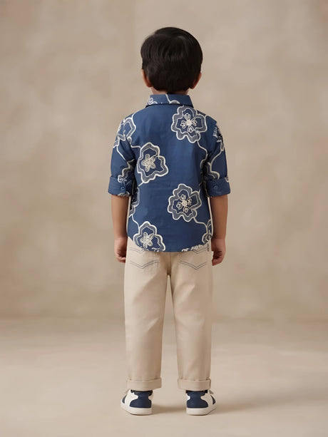 Boys Navy Blue Floral Print Shirt and Beige Trousers Co-ord Set