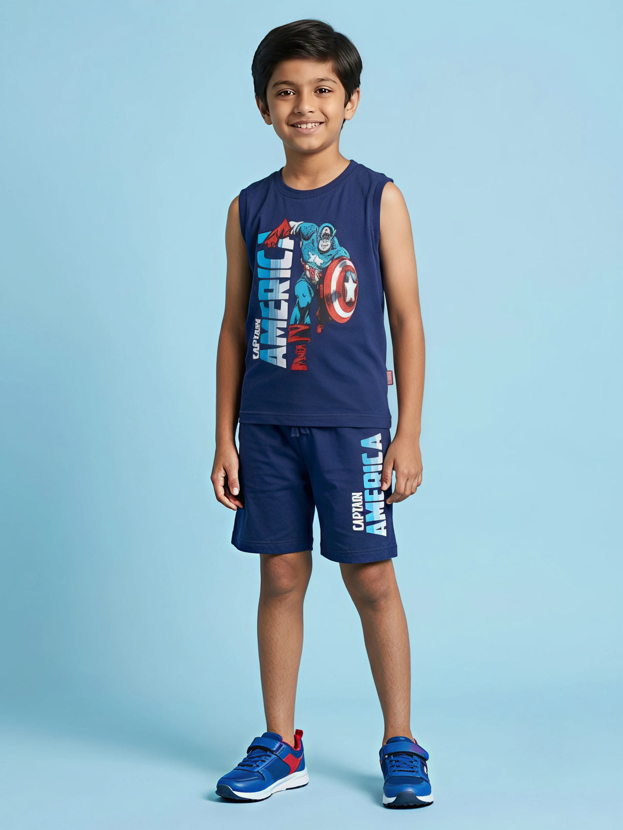 Boys Navy Blue Captain America Graphic Sleeveless Shorts Set