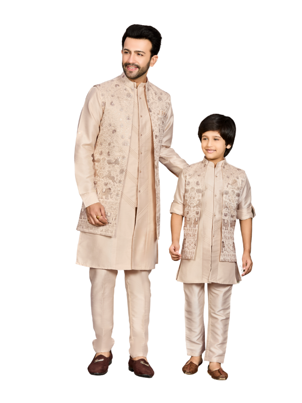 Boys' Elegant Cream Kurta Set with Contrasting Embroidered Vest