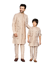 Boys' Elegant Cream Kurta Set with Contrasting Embroidered Vest