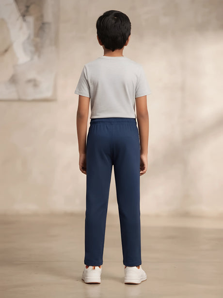 Boys Navy Blue Slim Fit Trackpants with Contrast Drawstring & Zipper Pockets