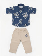 Boys Navy Blue Floral Print Shirt and Beige Trousers Co-ord Set