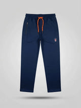 Boys Navy Blue Slim Fit Trackpants with Contrast Drawstring & Zipper Pockets
