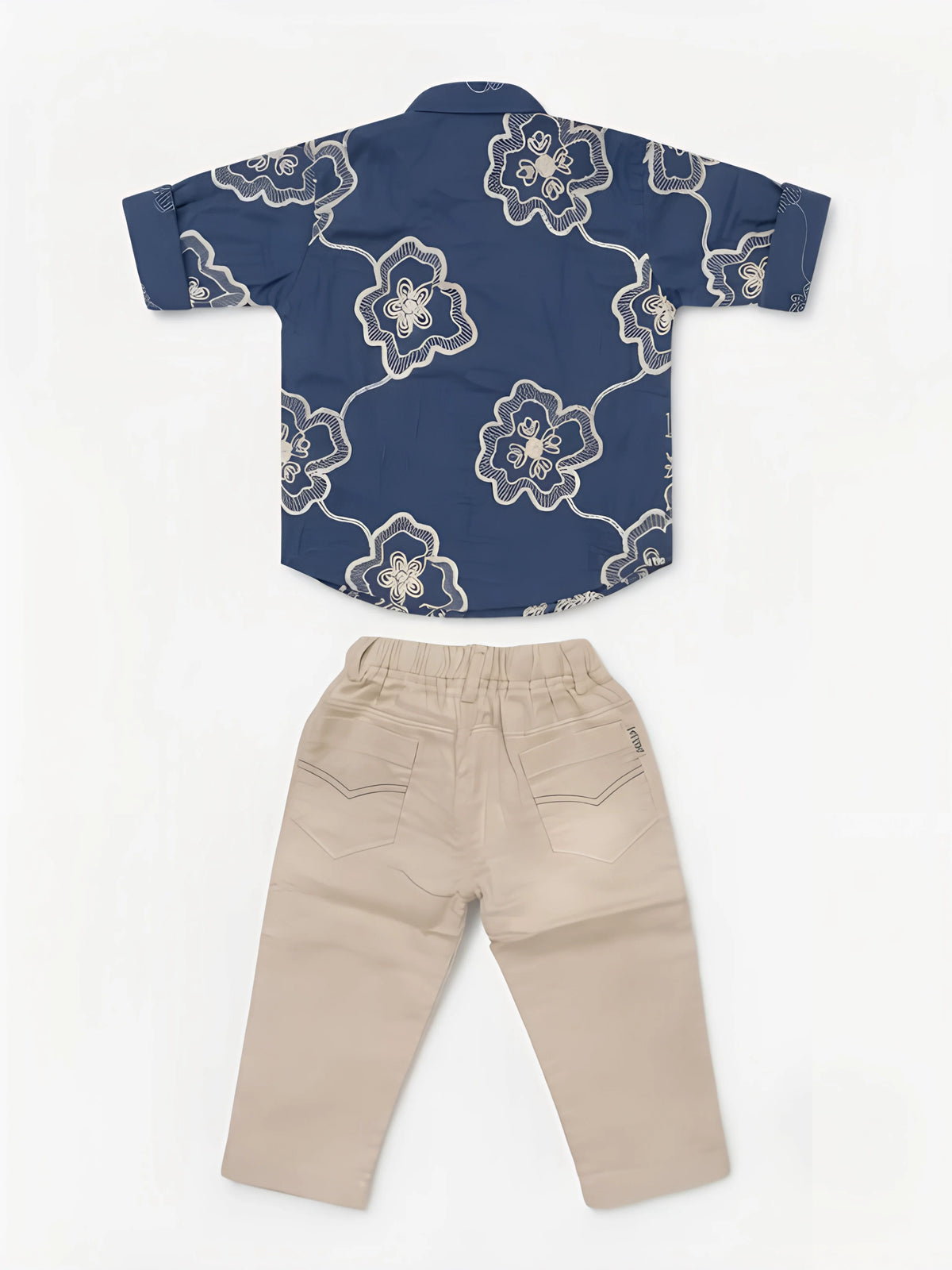 Boys Navy Blue Floral Print Shirt and Beige Trousers Co-ord Set