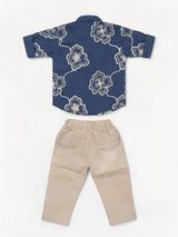 Boys Navy Blue Floral Print Shirt and Beige Trousers Co-ord Set