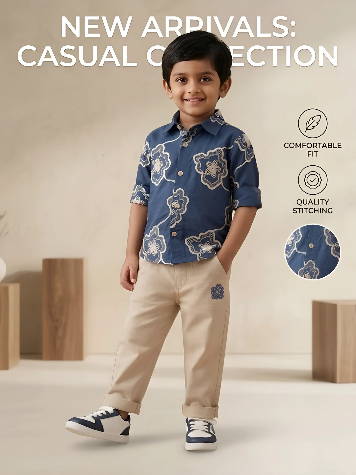 Boys Navy Blue Floral Print Shirt and Beige Trousers Co-ord Set