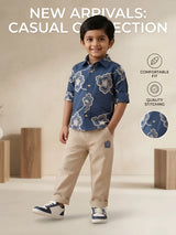 Boys Navy Blue Floral Print Shirt and Beige Trousers Co-ord Set