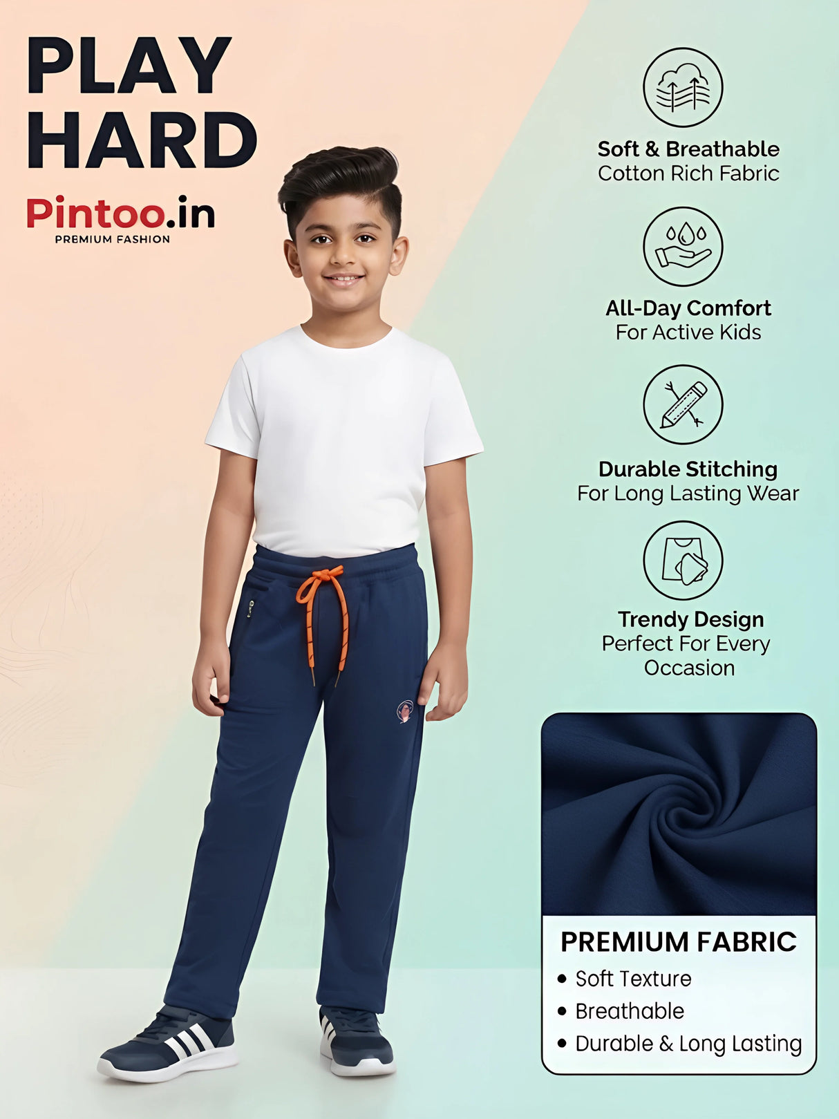 Boys Navy Blue Slim Fit Trackpants with Contrast Drawstring & Zipper Pockets