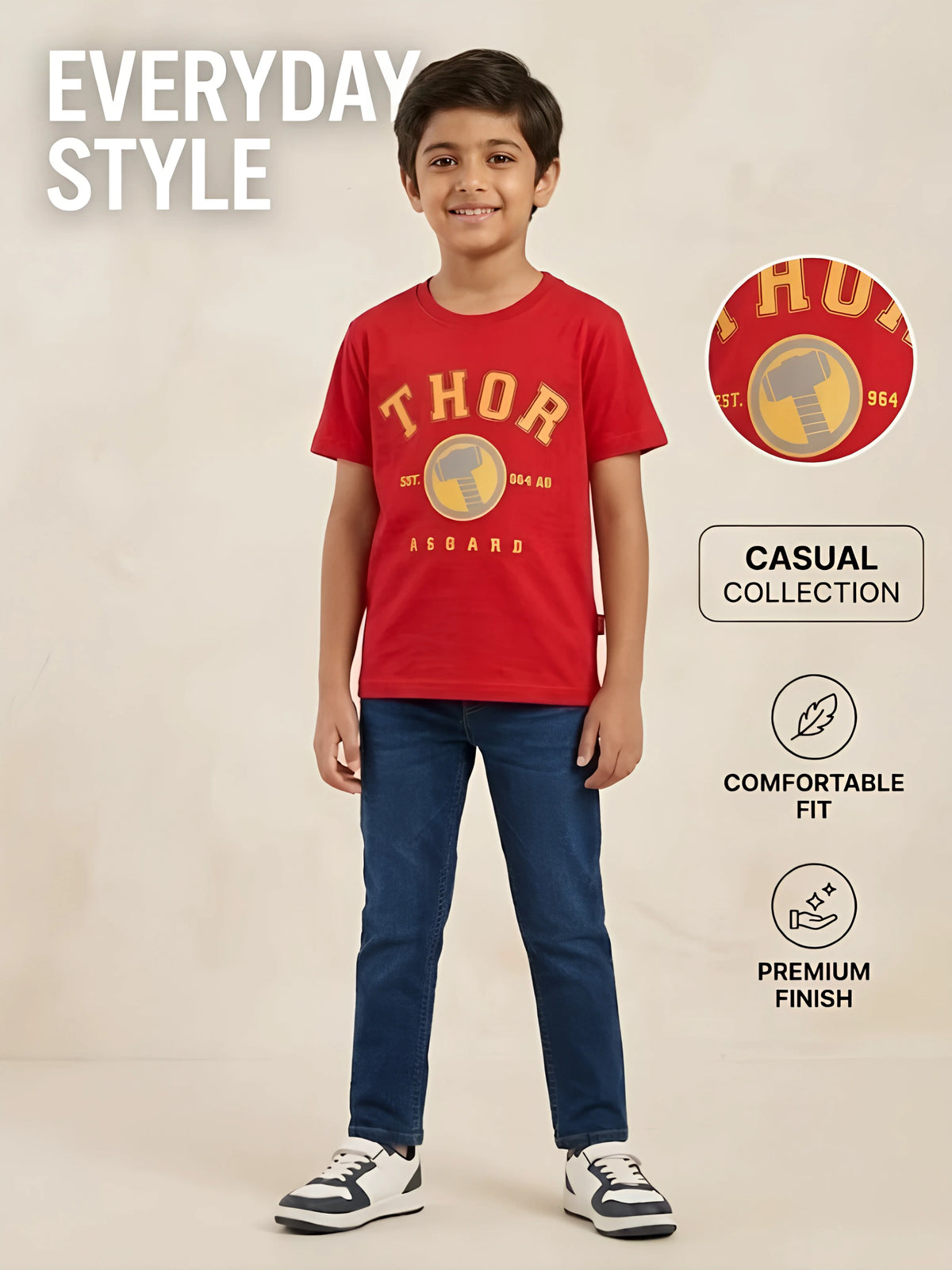 Boys Red Thor Graphic Printed Casual T-Shirt