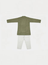 Green Solid Cotton Linen Kurta Pajama Set for Boys