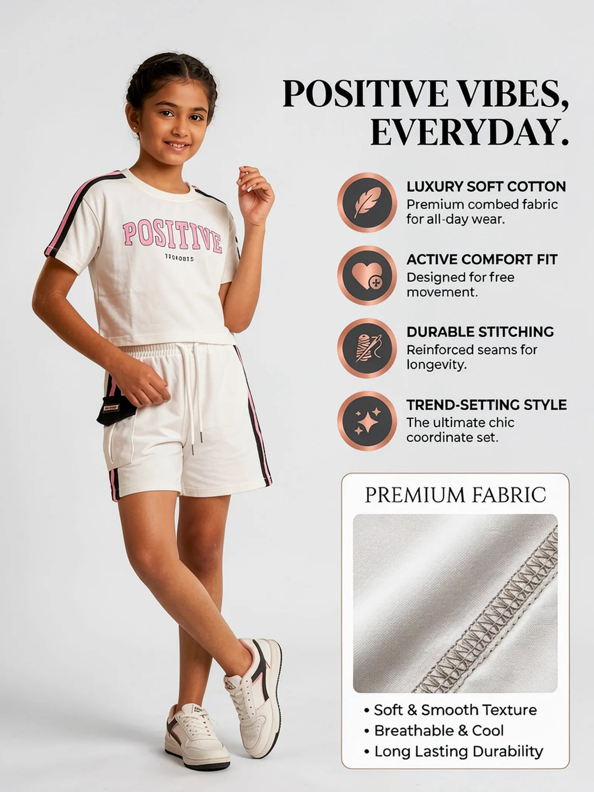 Girls White Sporty Shorts Set - "Positive" Graphic Tee & Shorts