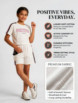 Girls White Sporty Shorts Set - "Positive" Graphic Tee & Shorts