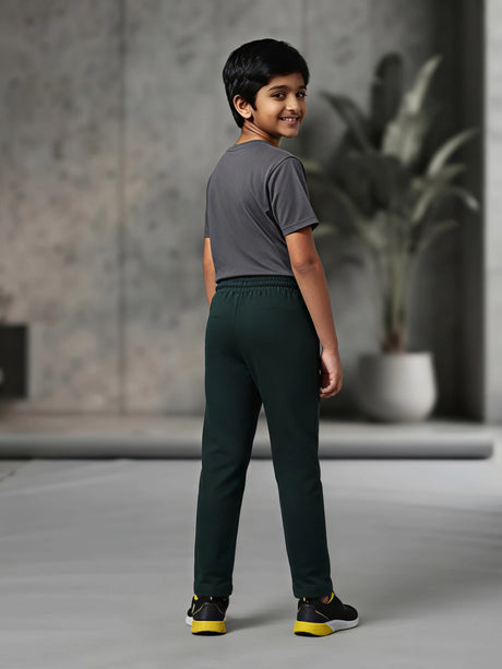 Boys Dark Green Casual Trackpants with Contrast Drawstring & Zip Pockets.