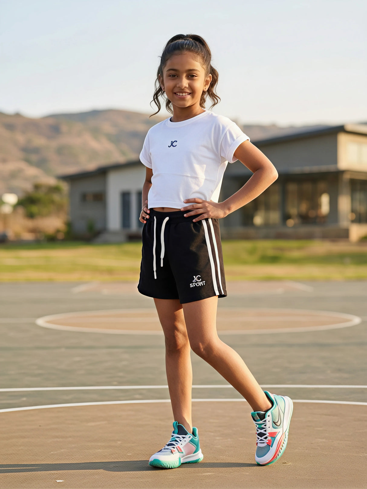Girls Black Sporty Shorts with Side Stripes