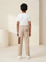 Boys Cream Stylish Cargo Track Pants with Drawstring & Pocket Detail