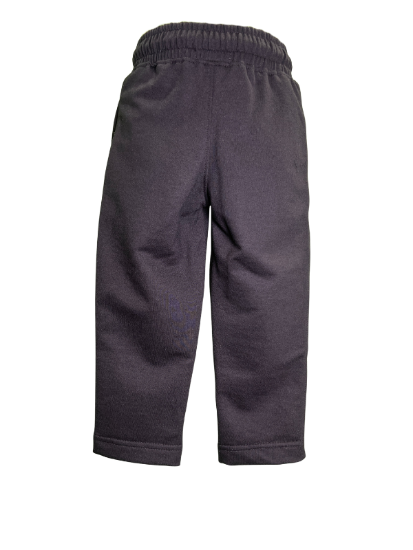 Boys' solid black knit jogger pants with an elastic waist, bright neon green drawstring, side zip pocket, and a sporty circular chest patch graphic.

Export to Sheets