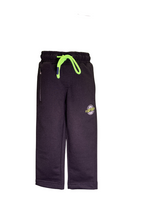 Boys' solid black knit jogger pants with an elastic waist, bright neon green drawstring, side zip pocket, and a sporty circular chest patch graphic.

Export to Sheets