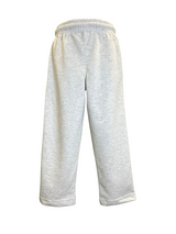 Boys' light grey knit jogger pants with a gathered elastic waistband, navy/white drawstring, side zipper pocket, and a circular sport patch graphic.

Export to Sheets