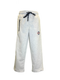 Boys' light grey knit jogger pants with a gathered elastic waistband, navy/white drawstring, side zipper pocket, and a circular sport patch graphic.

Export to Sheets