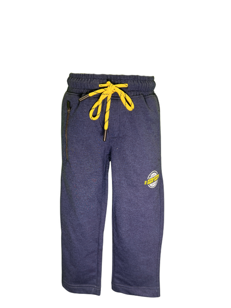 Boys' dark blue knit jogger pants with a gathered elastic waistband, bright yellow drawstring, side zip pocket, and a circular sport patch graphic.

Export to Sheets