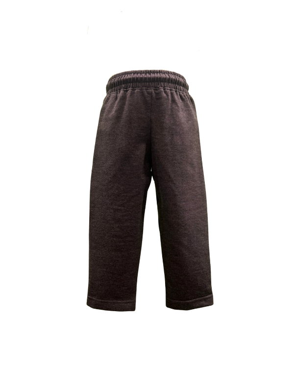 Boys' dark grey heathered knit jogger pants with a gathered elastic waistband, bright neon orange drawstring, side zip pocket, and a circular sport patch graphic.

Export to Sheets