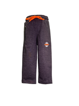 Boys' dark grey heathered knit jogger pants with a gathered elastic waistband, bright neon orange drawstring, side zip pocket, and a circular sport patch graphic.

Export to Sheets