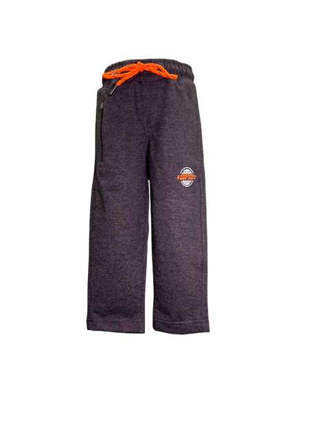 Boys' dark grey heathered knit jogger pants with a gathered elastic waistband, bright neon orange drawstring, side zip pocket, and a circular sport patch graphic.

Export to Sheets