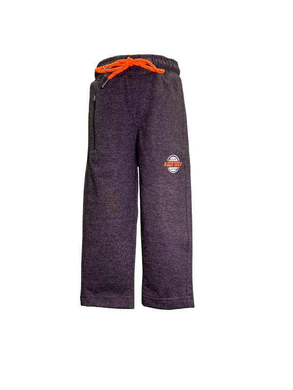 Boys' dark grey heathered knit jogger pants with a gathered elastic waistband, bright neon orange drawstring, side zip pocket, and a circular sport patch graphic.

Export to Sheets