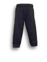 Close-up view of a pair of dark charcoal grey marl boys' joggers with a thick elastic waistband, bright orange drawstring, side zipper detail, and a 'BE STRONG' graphic on the side seam.