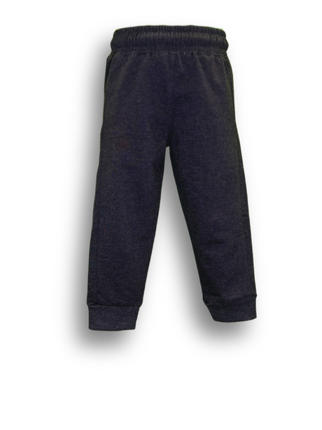 Close-up view of a pair of dark charcoal grey marl boys' joggers with a thick elastic waistband, bright orange drawstring, side zipper detail, and a 'BE STRONG' graphic on the side seam.