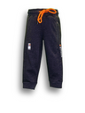 Close-up view of a pair of dark charcoal grey marl boys' joggers with a thick elastic waistband, bright orange drawstring, side zipper detail, and a 'BE STRONG' graphic on the side seam.