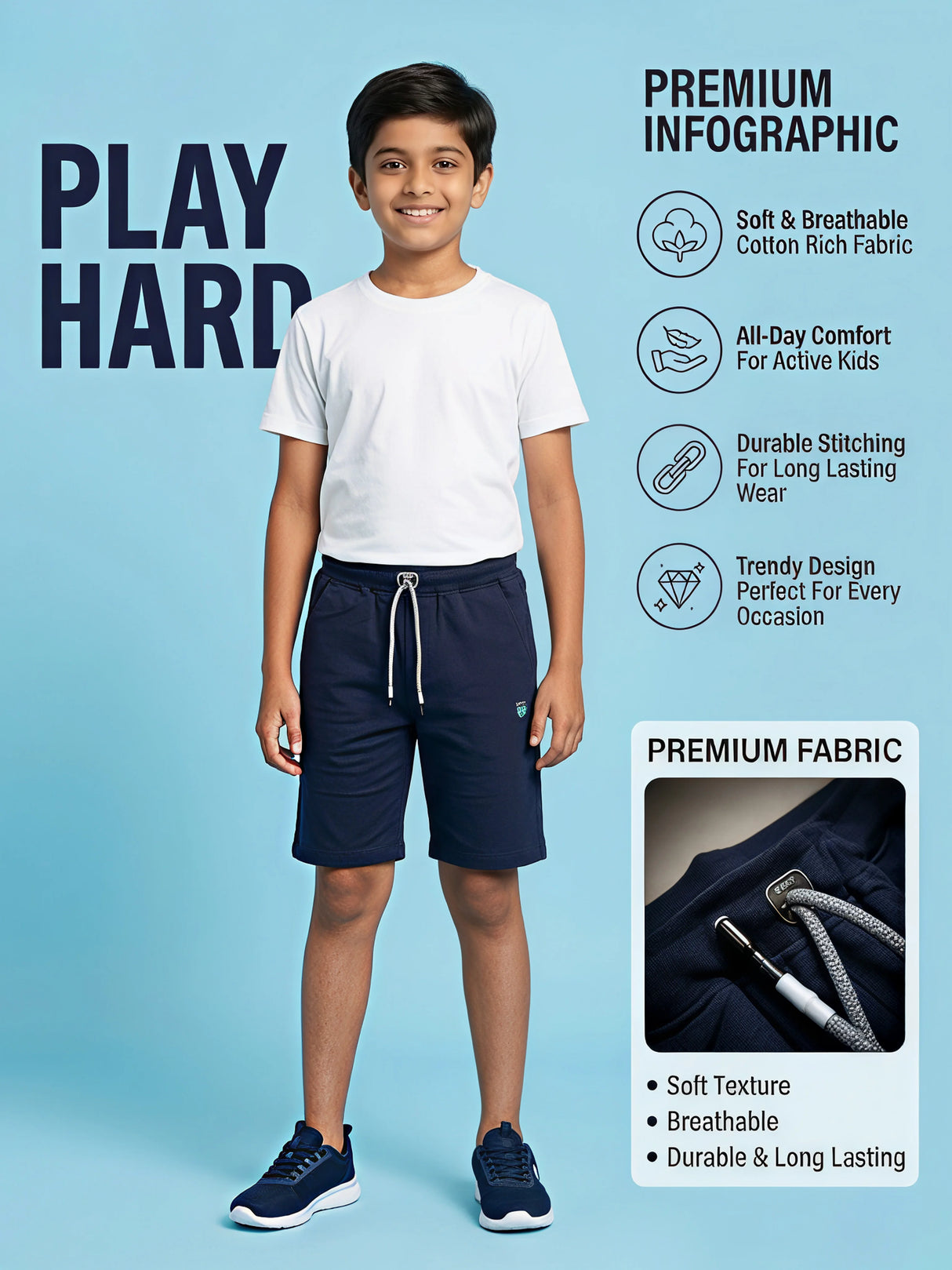 Boys' Navy Blue Cotton Athletic Shorts
