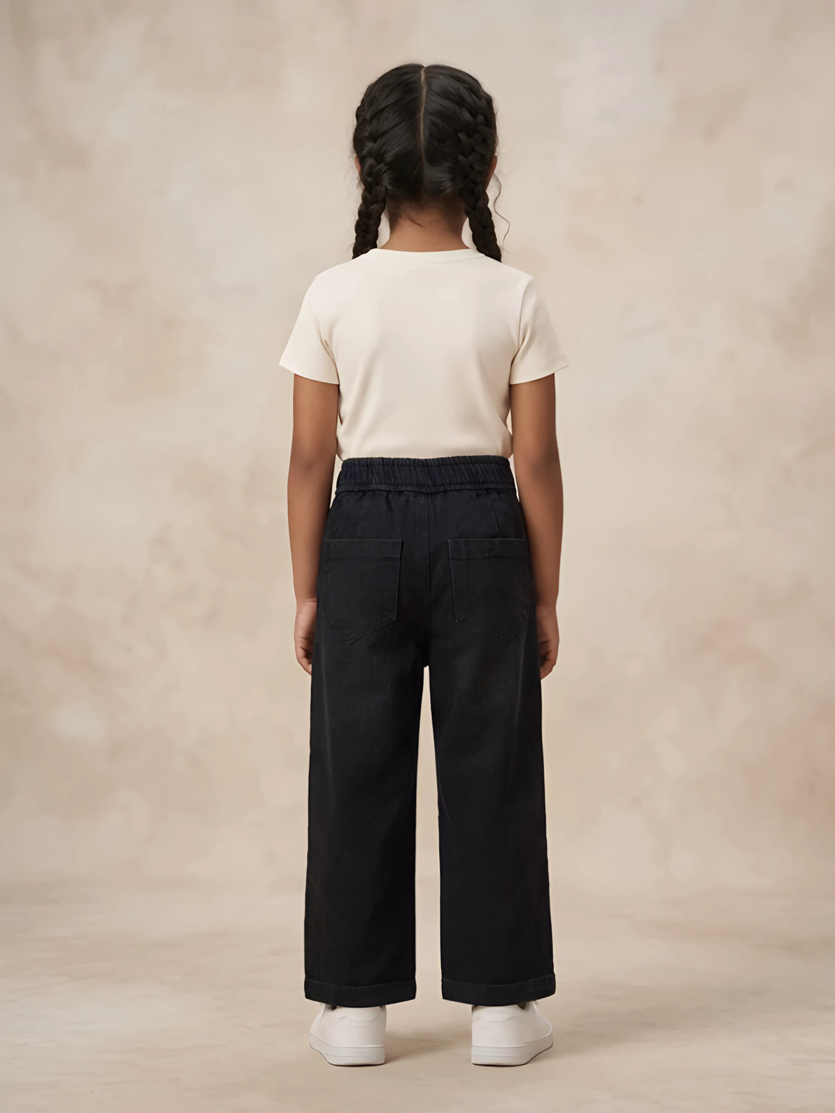 Girls Black High-Waist Belted Wide-Leg Casual Pants